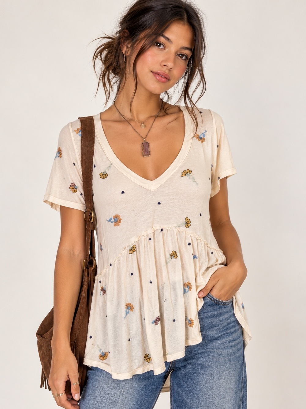 Francesca’s Miami boho hippy embroidered daisy cream shirt size medium
